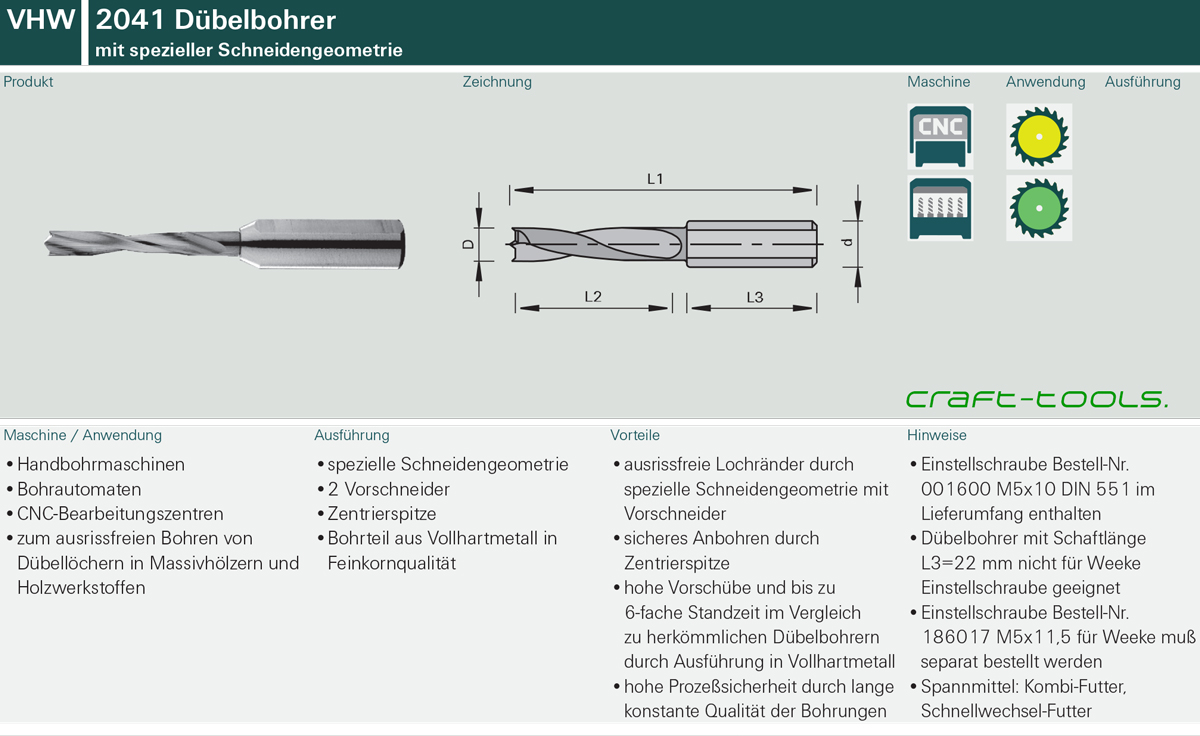 2041 Mosquito Dübel-Bohrer VHW - mit spezieller Schneidengeometrie